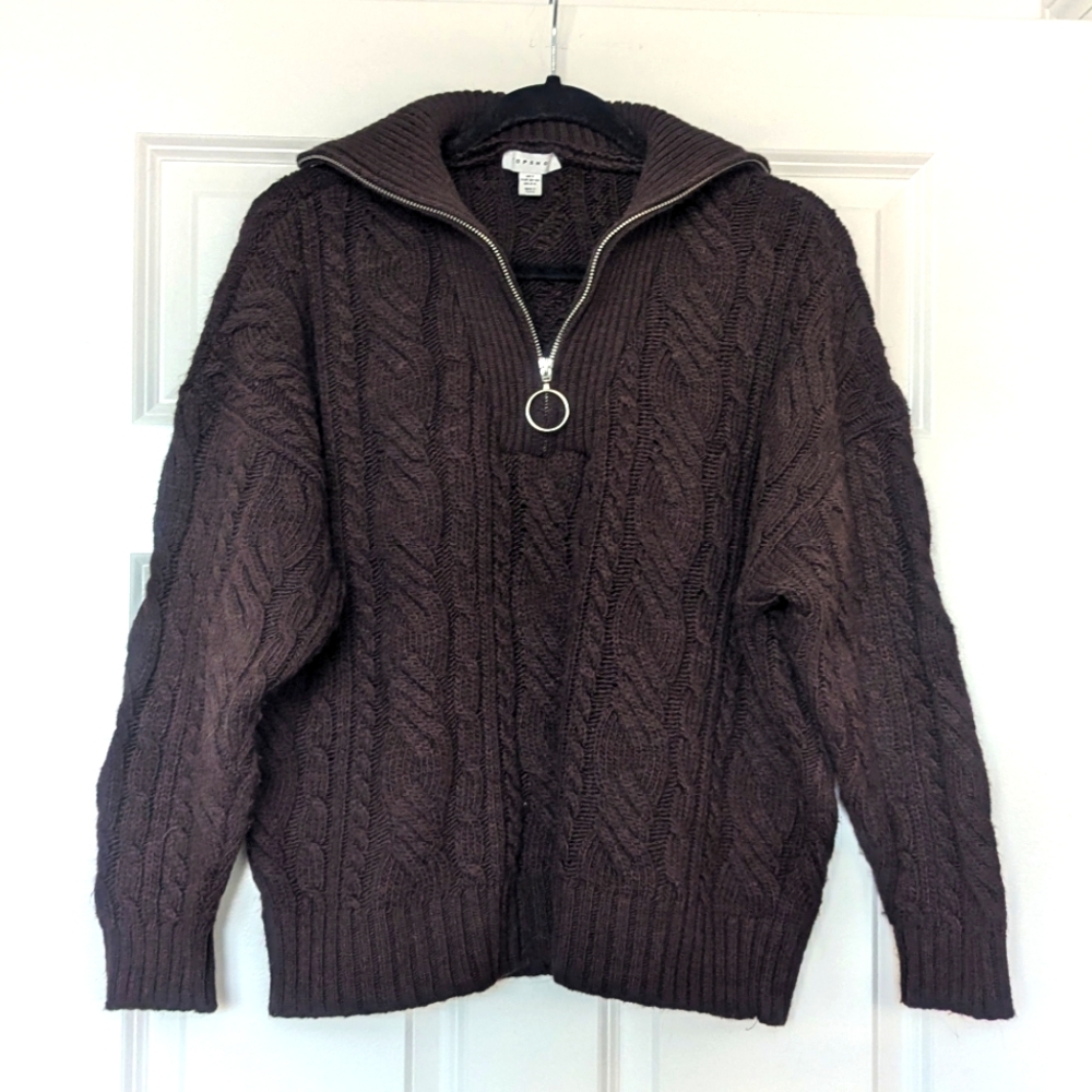 Chocolate brown cable knit zip sweater